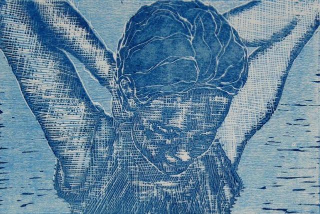 Marion Rutten, zelfportret, houtdruk 2010